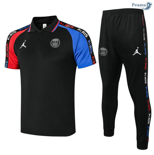 Kit Maglia Formazione POLO PSG Jordan + Pantaloni Nero manche Rosso/Blu 2020-2021