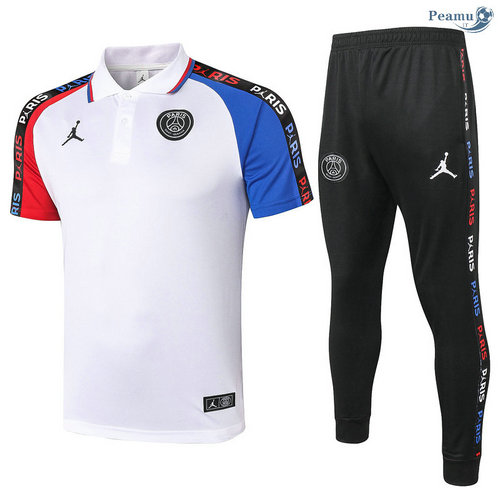 Kit Maglia Formazione POLO PSG Jordan + Pantaloni Bianca manche Rosso/Blu 2020-2021