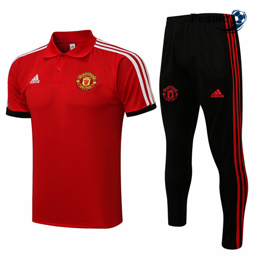 Kit Maglia Formazione Manchester United Polo + Pantaloni Rosso/Bianco 2021-2022