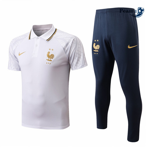 Kit Maglia Formazione polo Francia + Pantaloni Blanc/Bleu Marine 2022-2023 I0172