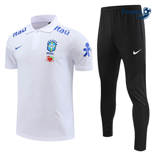 peamu Maglia Calcio Kit Maglia Formazione Brasile Polo + Pantaloni Bianco 2022-2023 PA2522