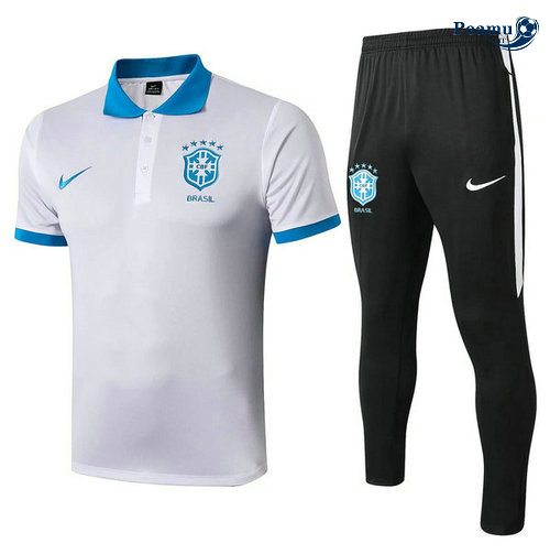 Kit Maglia Formazione POLO Brasile + Pantaloni Bianco/Nero/Azzurro 2019-2020